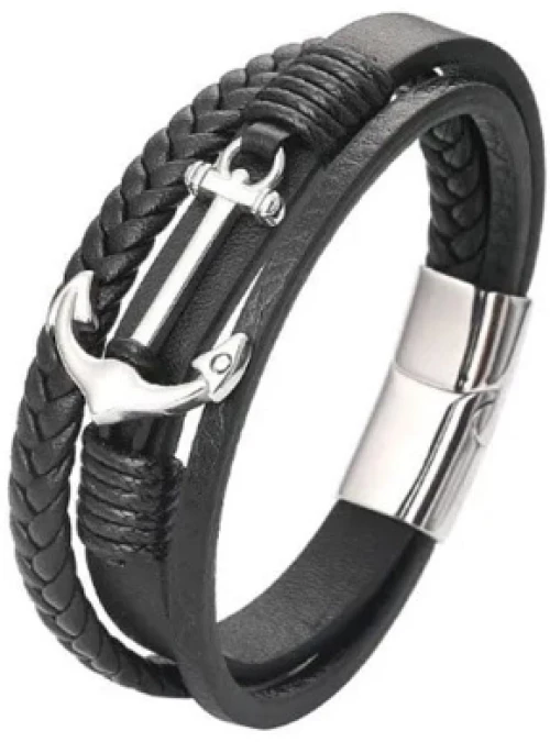 ΑΝΔΡΙΚΟ ΔΕΡΜΑΤΙΝΟ ΒΡΑΧΙΟΛΙ -MEN’S STEEL LEATHER BRACELET ΜΑΥΡΟ ΑΓΚΥΡΑ