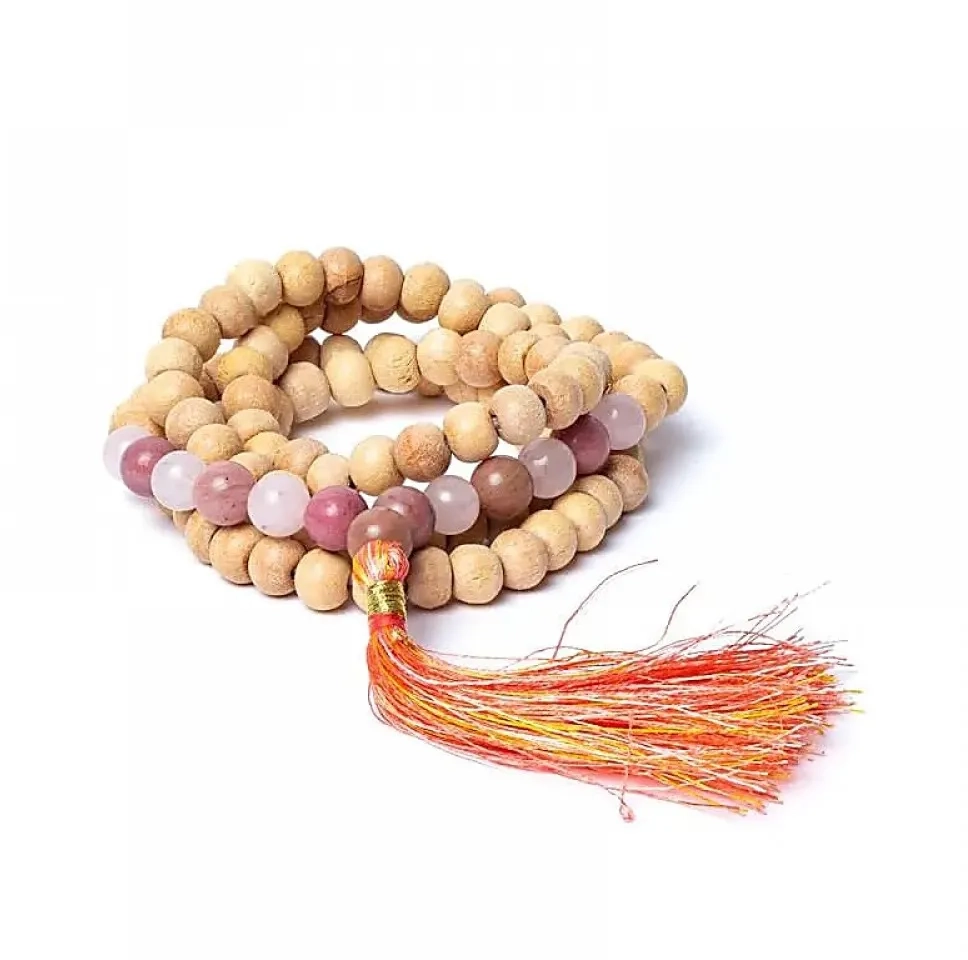 Μάλα Διαλογισμού από 108 Χάντρες Βασιλικού και Λίθους Ροζ Χαλαζία