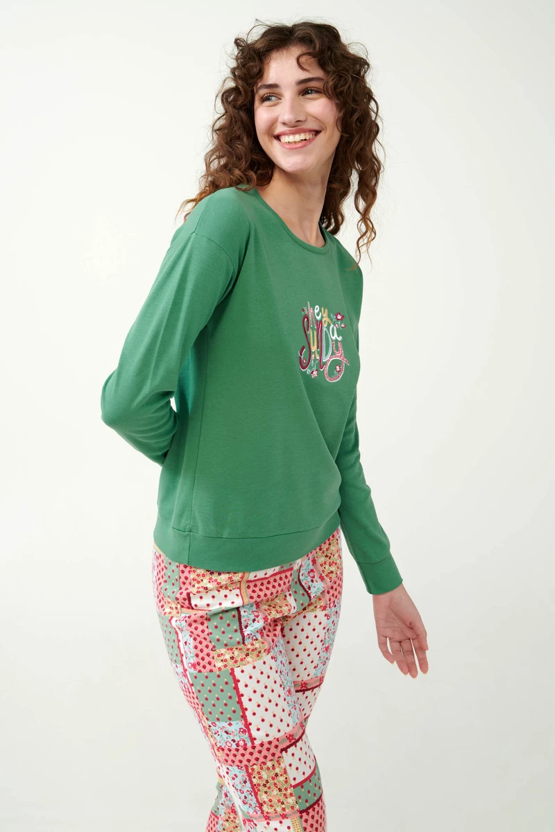 Vamp - Πυτζάμα Interlock με Vintage Patchwork Μοτίβο - GREEN BARLEY