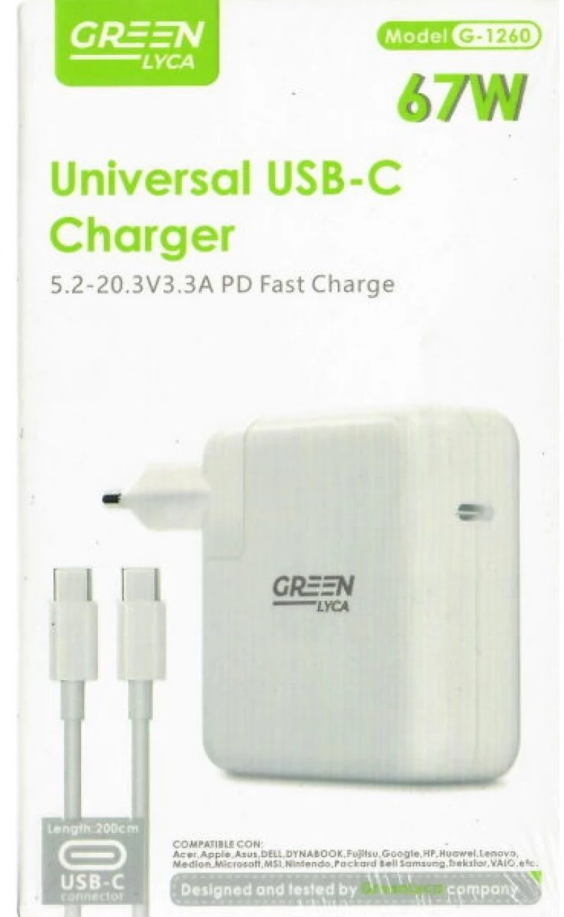 GREEN LYCA G-1260 ΦΟΡΤΙΣΤΗΣ USB-C ΜΕ ΚΑΛΩΔΙΟ PD (67W) (ΛΕΥΚΟΣ)