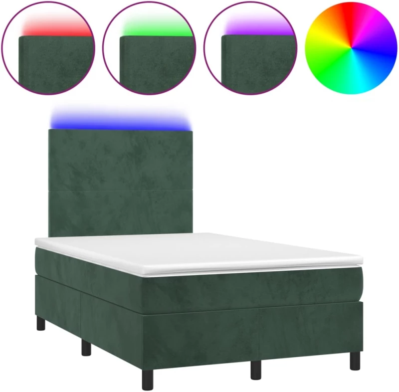 vidaXL Κρεβάτι Boxspring με Στρώμα & LED Σκ. Πράσινο 120x200εκ Βελούδο