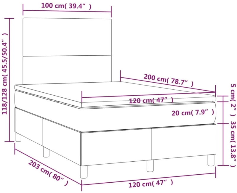 vidaXL Κρεβάτι Boxspring με Στρώμα & LED Σκ. Πράσινο 120x200εκ Βελούδο