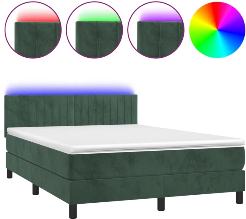 vidaXL Κρεβάτι Boxspring με Στρώμα & LED Σκ. Πράσινο 140x190εκ Βελούδο