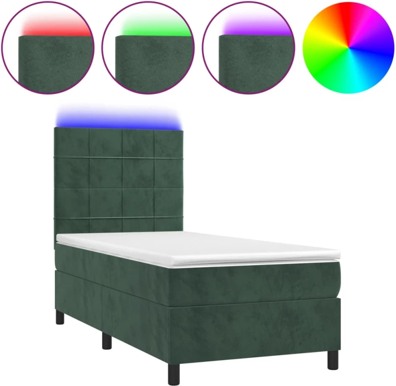 vidaXL Κρεβάτι Boxspring με Στρώμα & LED Σκ. Πράσινο 90x200 εκ Βελούδο