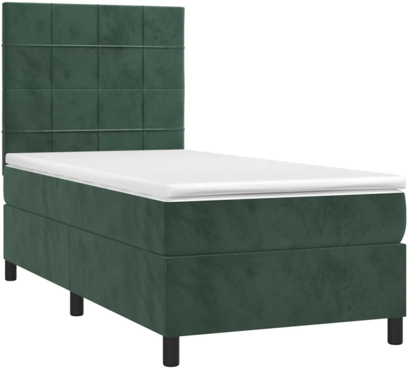 vidaXL Κρεβάτι Boxspring με Στρώμα & LED Σκ. Πράσινο 90x200 εκ Βελούδο