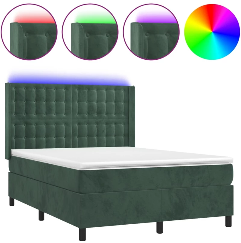 vidaXL Κρεβάτι Boxspring με Στρώμα & LED Σκ. Πράσινο 140x190εκ Βελούδο