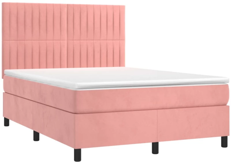 vidaXL Κρεβάτι Boxspring με Στρώμα & LED Ροζ 140x190 εκ. Βελούδινο