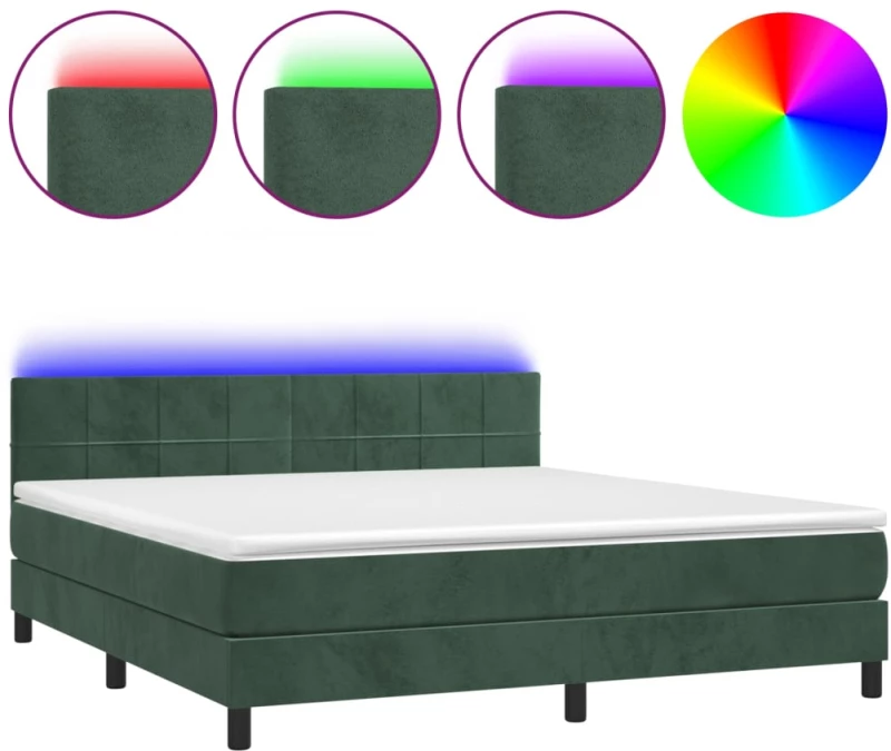 vidaXL Κρεβάτι Boxspring με Στρώμα & LED Σκ. Πράσινο 180x200εκ Βελούδο