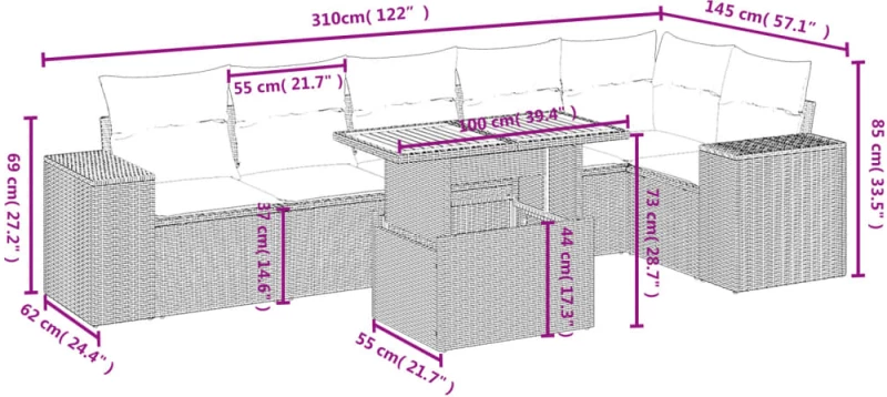 vidaXL Καναπές Σετ 7 Τεμαχίων Μαύρο Συνθετικό Ρατάν με Μαξιλάρια