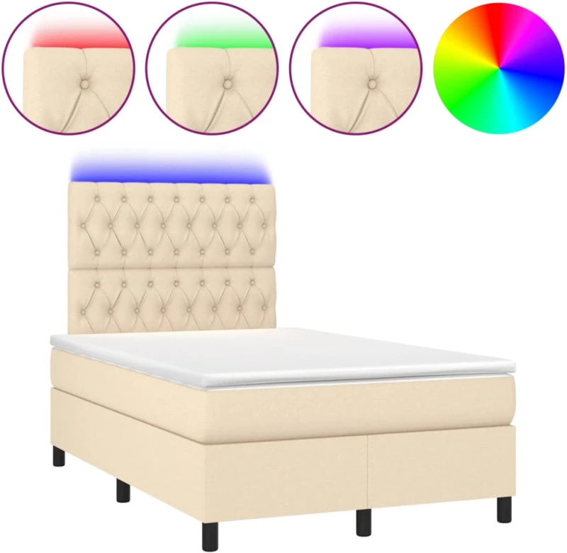 vidaXL Κρεβάτι Boxspring με Στρώμα & LED Κρεμ 120x190 εκ. Υφασμάτινο
