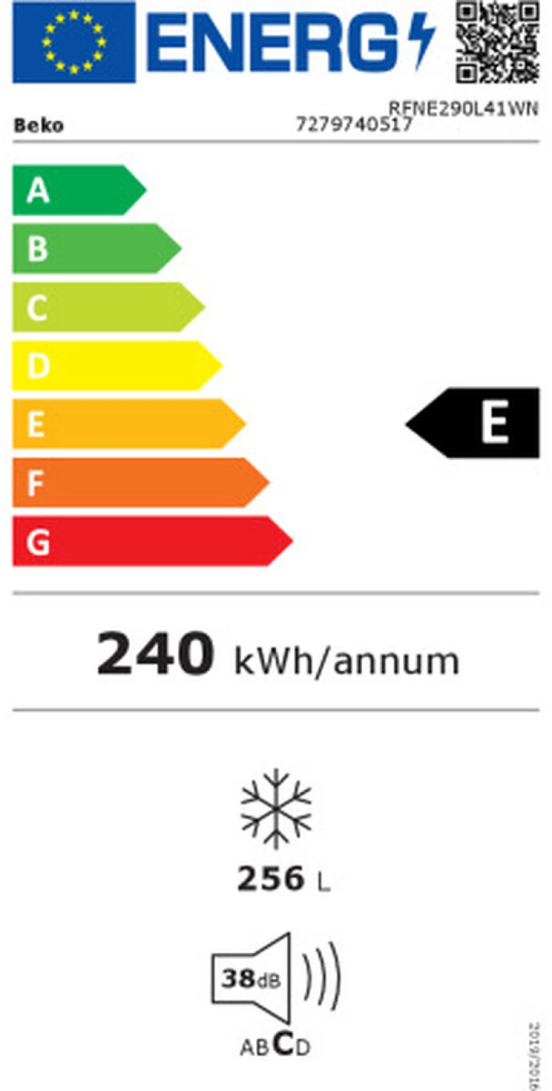 Ψύκτης BEKO RFNE290L41WN Λευκό 256 l