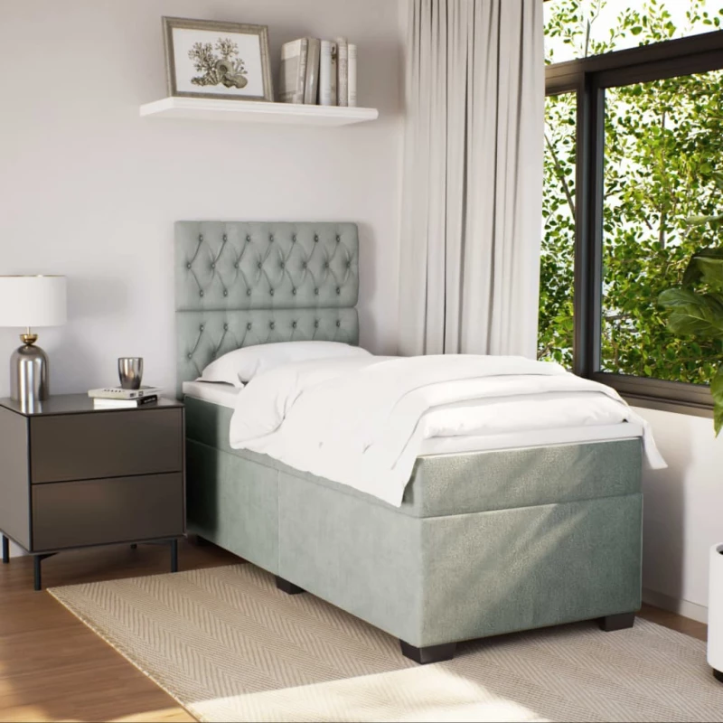 vidaXL Κρεβάτι Boxspring με Στρώμα Ανοιχτό Γκρι 90x190 εκ. Βελούδινο