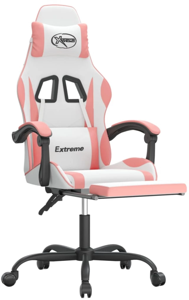 vidaXL Καρέκλα Gaming Περιστεφόμενη Υποπόδιο Λευκή & Ροζ Συνθ. Δέρμα