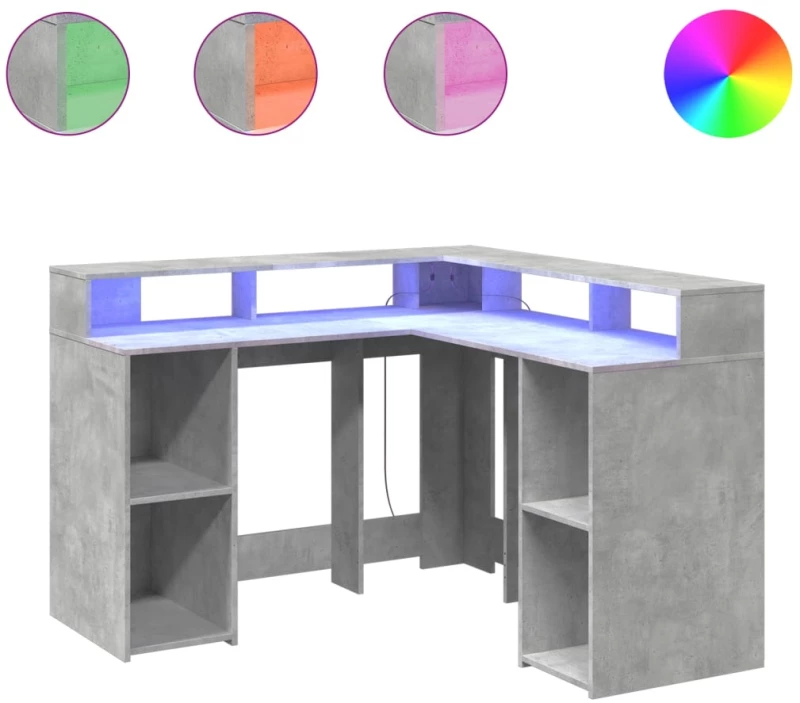 vidaXL Γραφείο με LED Γκρι Σκυρόδεματος 130x130x91 εκ. Επεξεργ. Ξύλο