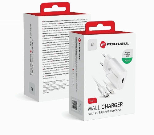 FORCELL F-ENERGY TFK-TC-20WPD travel charger Type C + cable Type C to Lightning PD QC4.0 3A 20W white