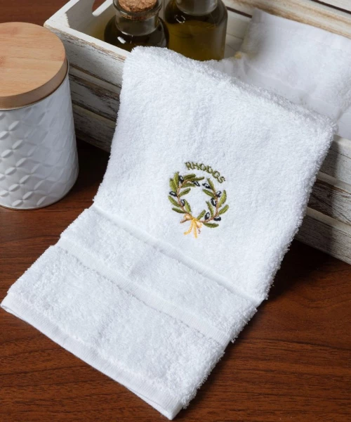 Πετσέτα Προσώπου ( 50cm x 100cm ) Λευκό με Στεφάνι ΡΟΔΟΣ Silk Fashion