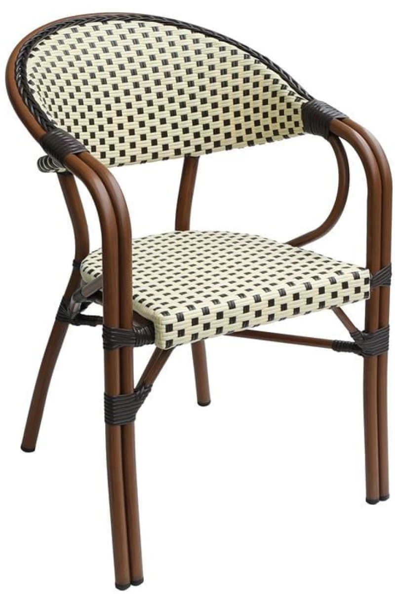 PARIS Πολυθρόνα Bistro Αλουμίνιο Καρυδί, Wicker Μπεζ - Καφέ, Στοιβαζόμενη