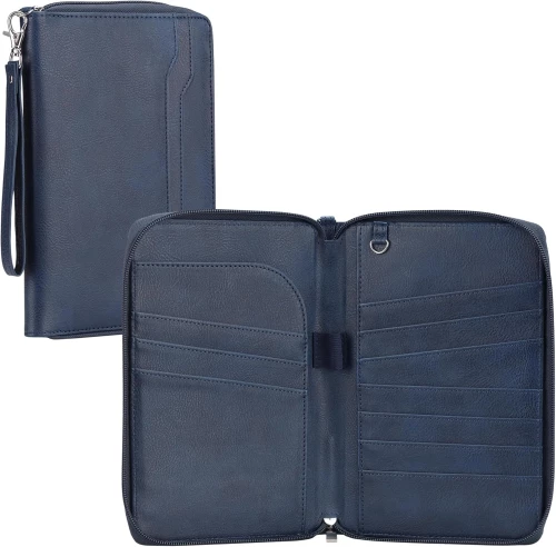 Navaris PU Family Passport Holder - Αντικλεπτικό Ταξιδιωτικό Πορτοφόλι με RFID για Κάρτες / Διαβατήριο / Κλειδί με Αποσπώμενο Λουράκι Χειρός - Navy (NAV0000202R002C)