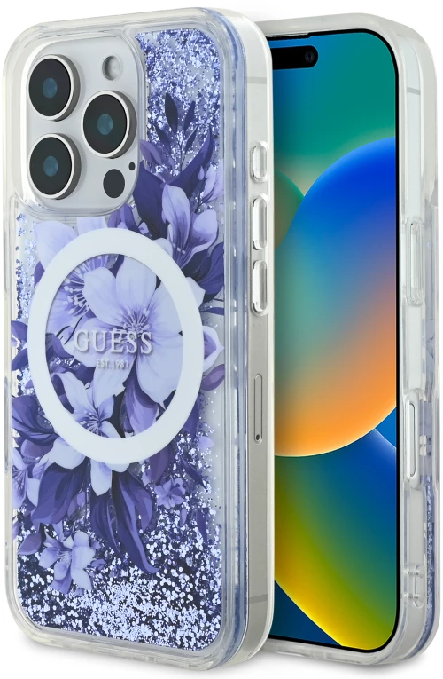 Guess “liquid Glitter Flower" Hard Case Θήκη Προστασίας από Σκληρό Πλαστικό – Iphone 16 pro (Μωβ – Guhmp16llfmwtu)