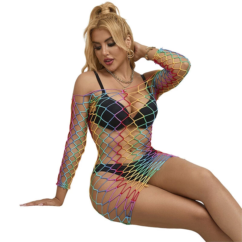 SUBBLIME - 952426 RAINBOW LONG SLEEVE FISHNET BODYSTOCKING ONE SIZE