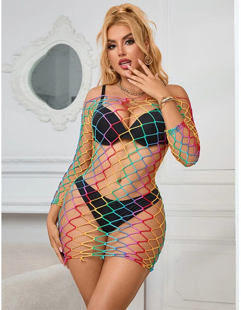 SUBBLIME - 952426 RAINBOW LONG SLEEVE FISHNET BODYSTOCKING ONE SIZE