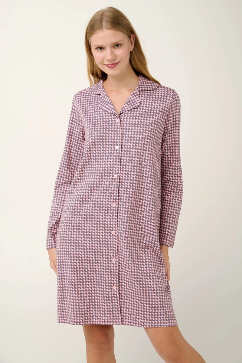 Interlock Κουμπωτό Νυχτικό με Houndstooth Μοτίβο - 21498