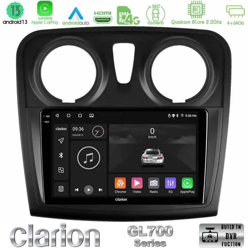 Clarion GL700 Series 8Core Android13 4+64GB Dacia Sandero/Dokker 2014-2020 Navigation Multimedia Tablet 9" Με Carplay & Android  U-GL7-DC0621