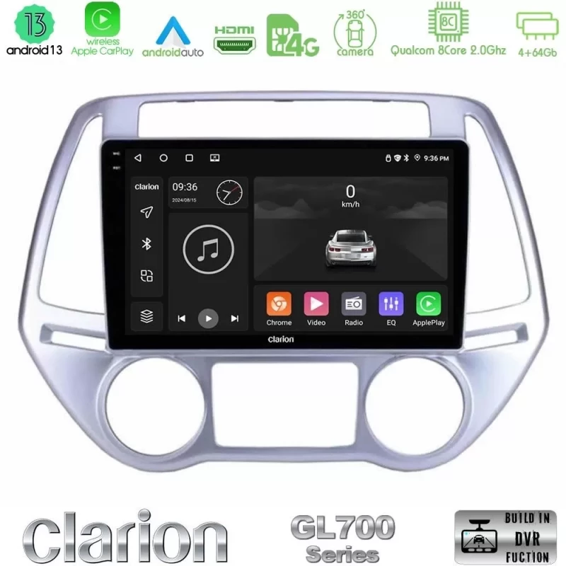 Clarion GL700 Series 8Core Android13 4+64GB Hyundai i20 2012-2014 Navigation Multimedia Tablet 9" Με Carplay & Android Auto U-GL7-HY0619