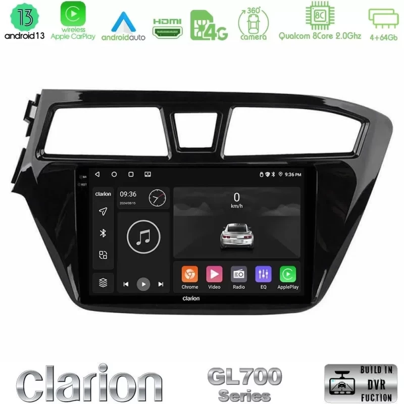 Clarion GL700 Series 8Core Android13 4+64GB Hyundai i20 2014-2018 Navigation Multimedia Tablet 9" Με Carplay & Android Auto U-GL7-HY1143