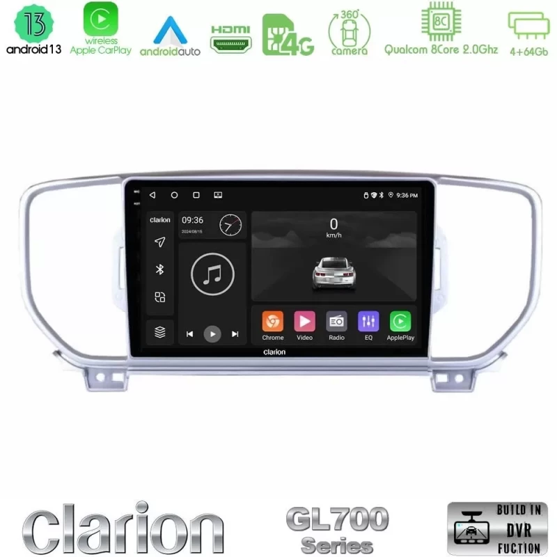 Clarion GL700 Series 8Core Android13 4+64GB Kia Sportage 2016-2018 Navigation Multimedia Tablet 9" Με Carplay & Android Auto U-GL7-KI0033