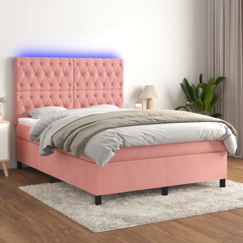 Κρεβάτι Boxspring με Στρώμα & LED Ροζ 140x200 εκ. Βελούδινο Ροζ 3136310