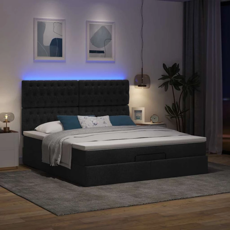 Οθωμανικό κρεβάτι με στρώμα & LEDs Μαύρο ύφασμα 180x200cm Μαύρο 3314109
