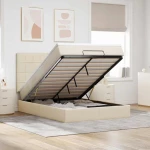 Οθωμανικό κρεβάτι με στρώμα & LEDs Cream 140x200 cm Ύφασμα Κρεμ 3314015
