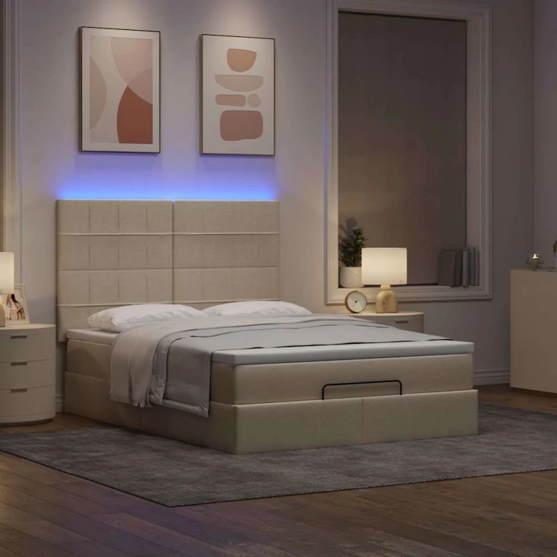Οθωμανικό κρεβάτι με στρώμα & LEDs Cream 140x190cm Ύφασμα Κρεμ 3314008