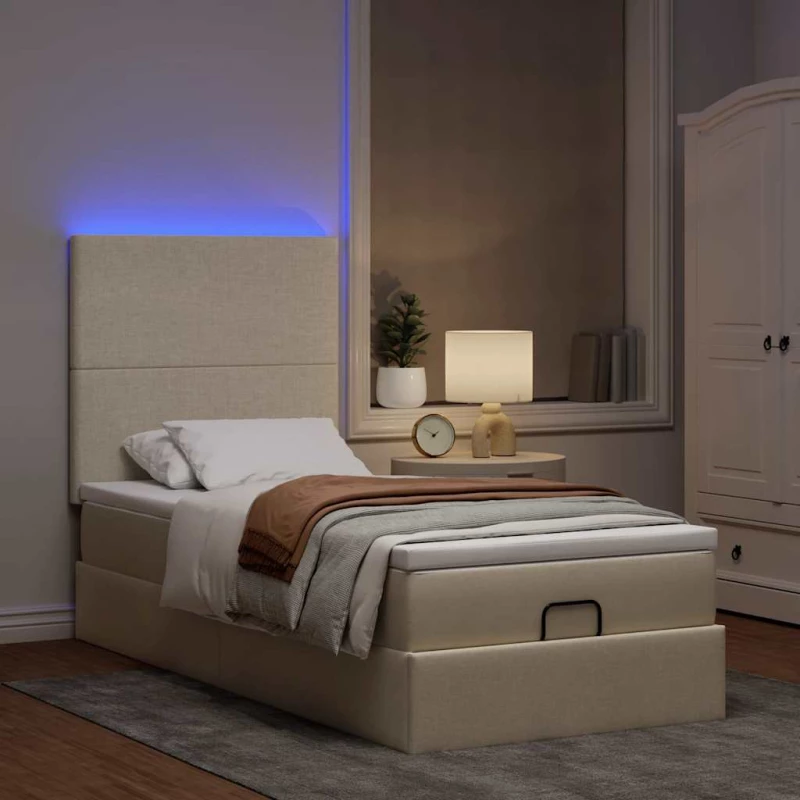 Οθωμανικό κρεβάτι με στρώμα & LEDs Cream 90x190cm ύφασμα Κρεμ 3313890