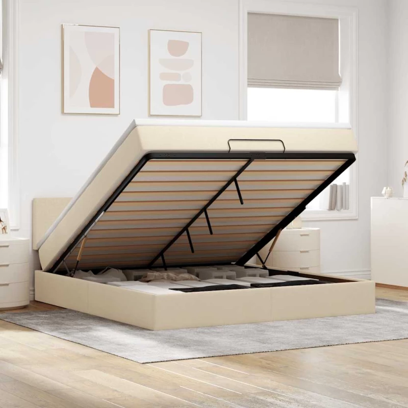 Οθωμανικό κρεβάτι με στρώμα & LEDs Cream 180x200cm ύφασμα Κρεμ 3312248