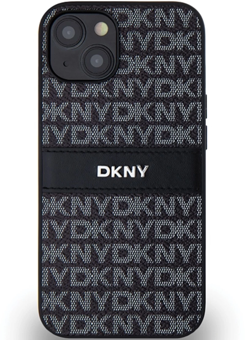 DKNY Leather Mono Stripe & Metal Logo Case for iPhone 15/14/13 - Black