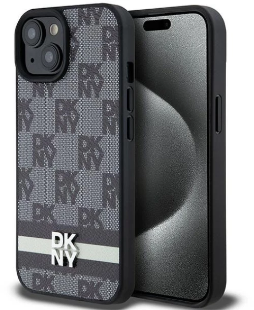 DKNY Leather Checkered Mono Pattern & Printed Stripes Case for iPhone 15/14/13 - Black