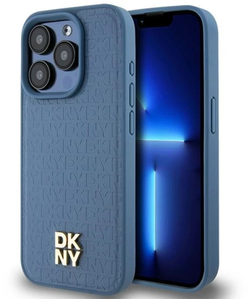 DKNY Leather Monogram Pattern Metal Logo MagSafe Case for iPhone 15 Pro - Blue