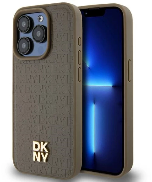 DKNY Leather Pattern Metal Logo MagSafe case for iPhone 14 Pro Max - brown
