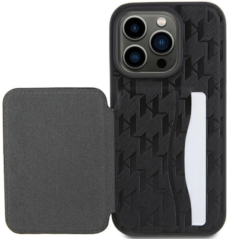 Karl Lagerfeld Saffiano Cardslots and Stand Monogram Choupette Case for iPhone 15 Pro Max - Black