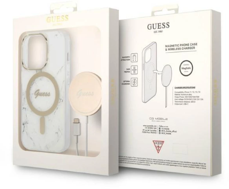 Set Guess GUBPP14LHMEACSH Case+ Charger iPhone 14 Pro 6.1" white/white hard case Marble MagSafe
