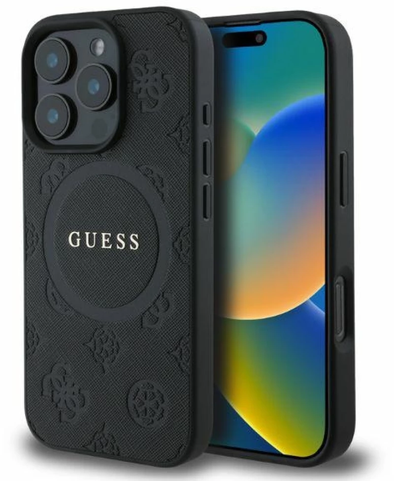 Guess Saffiano Peony Classic Logo MagSafe iPhone 16 Pro Case - Black