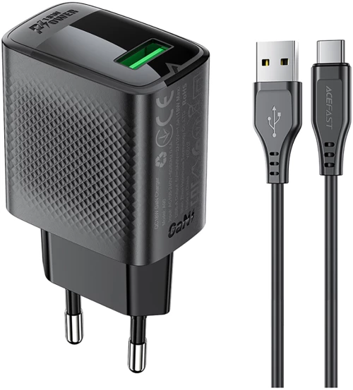 Acefast A90 GaN USB-A QC 18W network charger - black + USB-A / USB-C cable