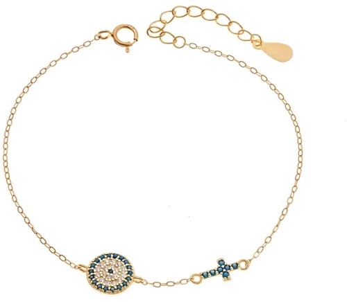 Βραχιόλι Senza Silver 925 Gold Plated, Μάτι-στόχος και σταυρός με τυρκουάζ ζιργκόν