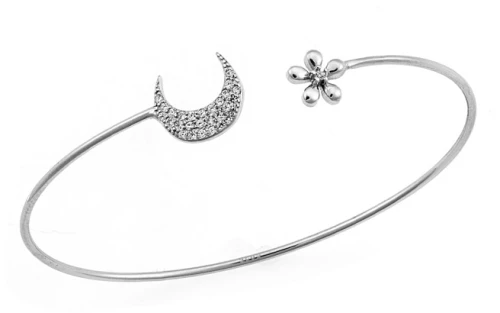 Βραχιόλι Γυναικείο Senza από ασήμι 925, λεπτή χειροπέδα με φεγγάρι και λευκά ζιργκόν