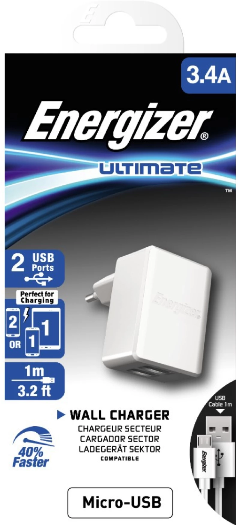 Φορτιστής Ταξιδίου Energizer ACW2CEUUMC3 3.4A με 2 θύρες USB A και Καλώδιο Micro USB 1m