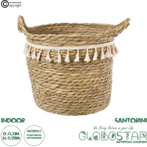 GloboStar® Artificial Garden SANTORINI 20286 Διακοσμητικό Πλεκτό Καλάθι - Κασπώ Γλάστρα - Flower Pot Μπεζ με Μακραμέ Φ31cm x Υ29cm