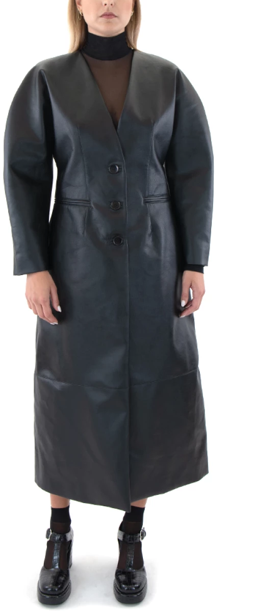 BLACK n BLACK FAUX LEATHER LONG COAT WOMEN BLACK & BLACK ΜΑΥΡΟ (W25B1024-BLACK)