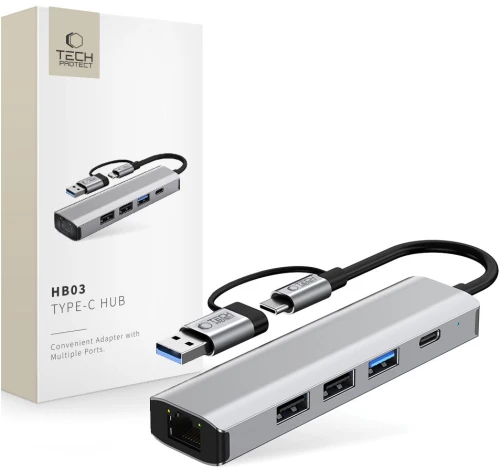 TECH-PROTECT HB03 HUB ADAPTER 5IN1 TYPE-C + USB2.0 + USB3.0 + RJ45 SPACE GREY